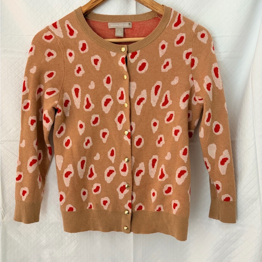 Banana Republic Camel Leopard-Spot Cardigan with Gold Buttons